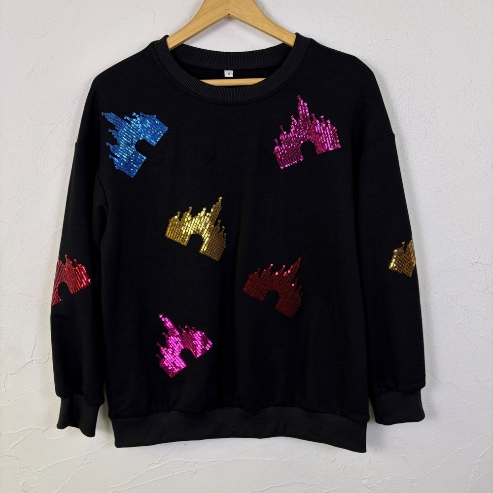 Princess Castle Sequin Sweatshirt Womens Small Black Colorful Vacation